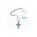Silver Cross Shape Blue Turquoise Necklace with Earrings Antique Set